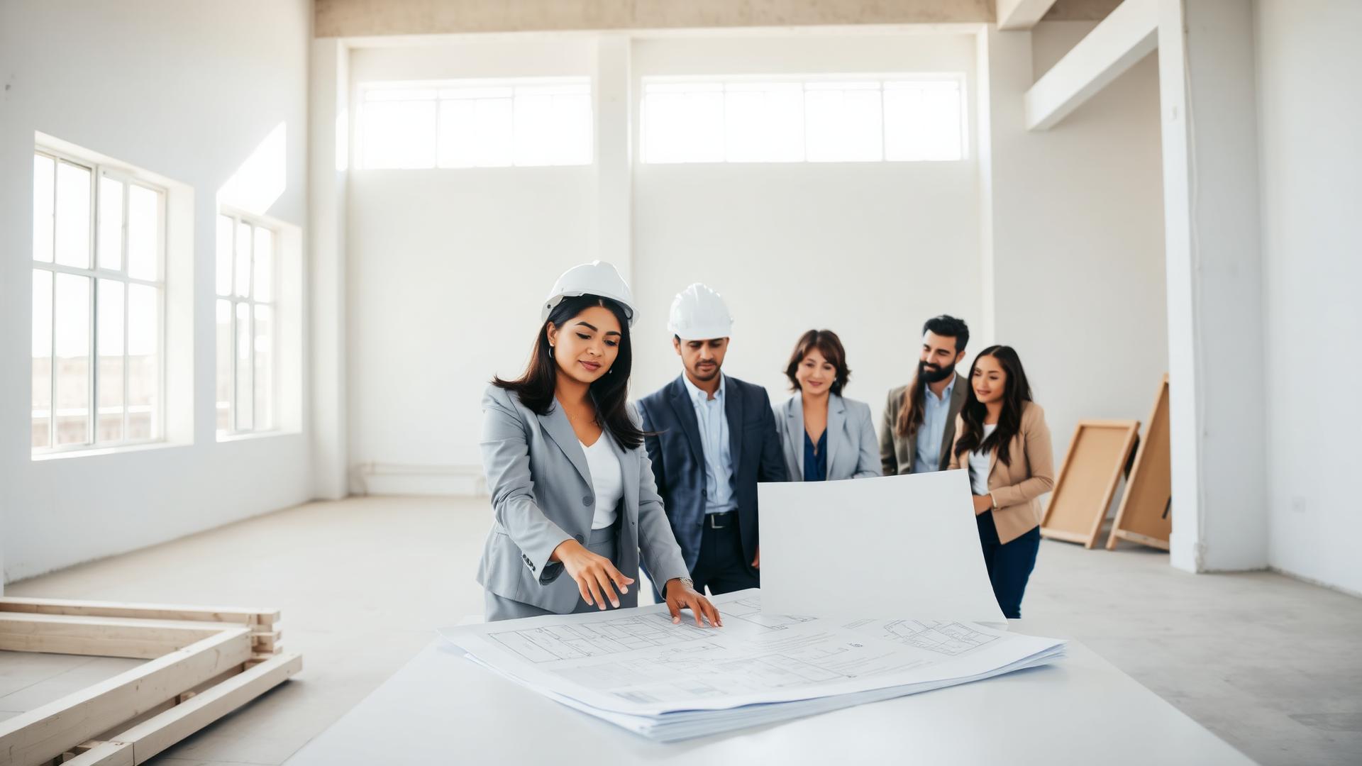 Woman-led construction team reviewing architectural plans on a bright commercial construction site